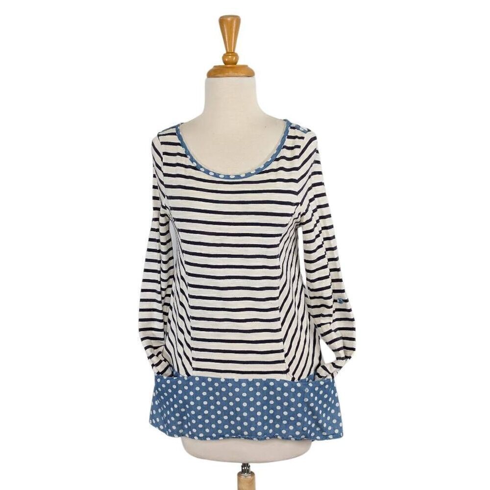 Anthropologie S Postmark Fairley Striped Polka Dot Tunic Top Boho Mod Retro Blue - Picture 6 of 7